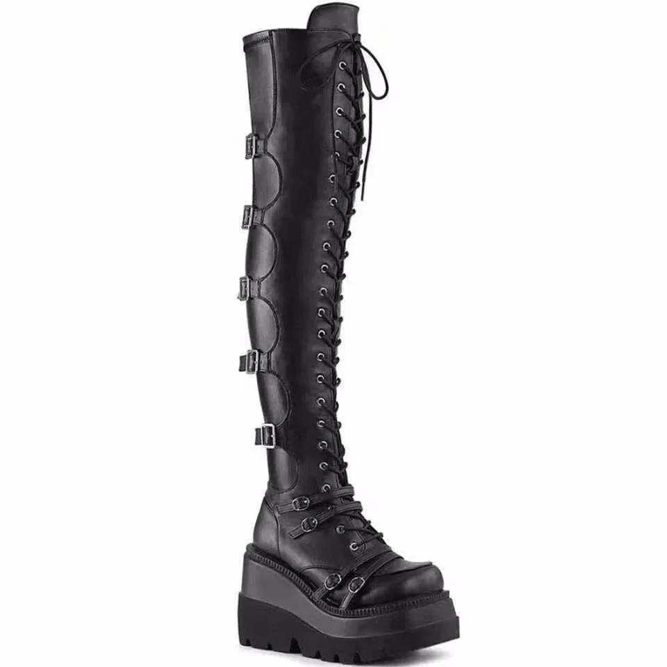 Womens Punk Edge Knee High Boots - Fashionable Platform Wedge Heel - Soft Round Toe Secure Lace-Up Design - Durable Chunky Sole