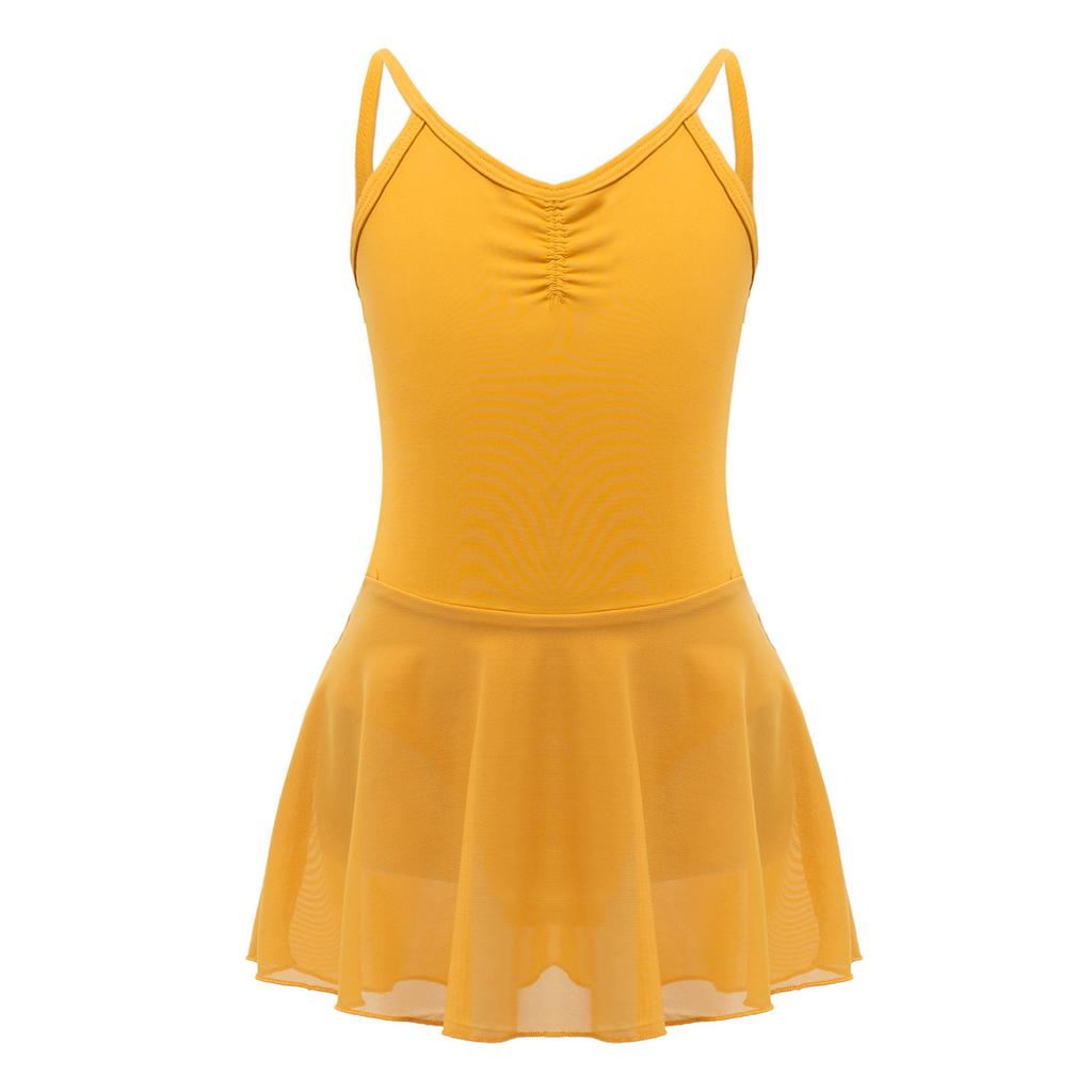 Girls Ballet Dance Dress Ruched Backless V Neck Suspenders Solid Color Exam Costume