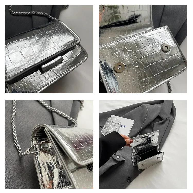 Vintage Women Silver Chic Crossbody Bag Luxury Designer Small Shoulder Bags Fashion Gold Mini Square Cute Pu Leather Handbag