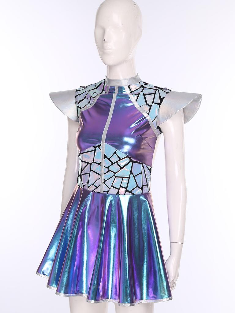 Complete Women‘s Alien Astronaut Halloween Costume S-3XL: Gradient Sequin Mini Dress with Metallic Patchwork & Fly Sleeves