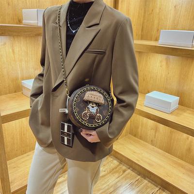 Woven Chain Small Round Bag Women's 2025 New Retro Printed Shoulder Messenger Bag Small Golden Ball Bear Bag