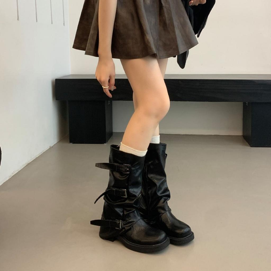 Thick-soled washed leather trousers Martin boots women's 2025 new belt buckle medium tube stack boots retro western cowboy boots