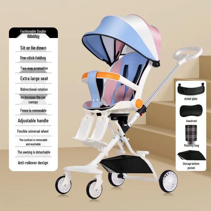 Cărucior pliabil bidirecțional cu șasiu înalt pentru bebeluș, cu patru roți