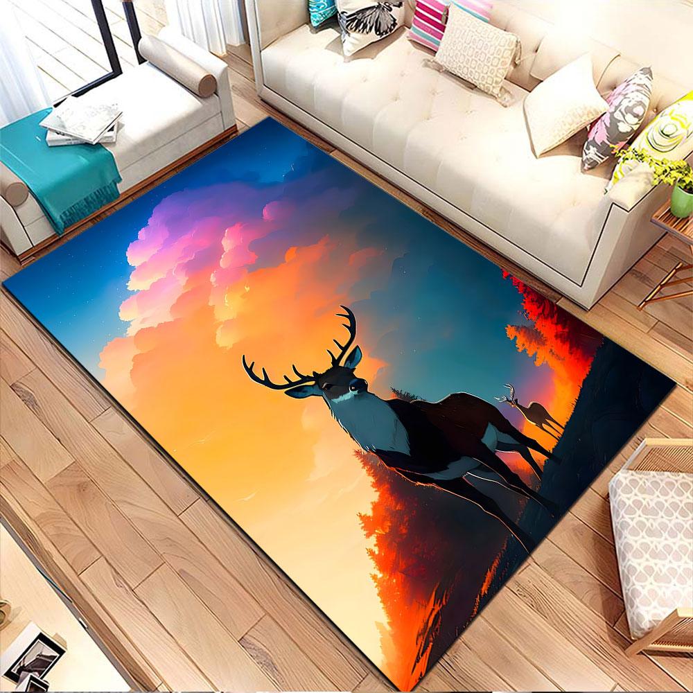 "Majestic Deer at Sunset Forest Scene" Patterned carpet, non slip mat suitable for living room and bedroom sofas
