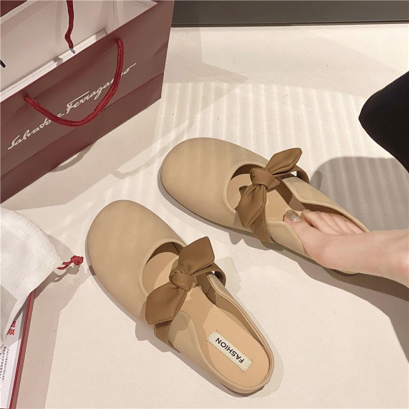 Fairy style bow bag head half slippers female summer wear 2025 new fashion soft bottom French out cool slippers