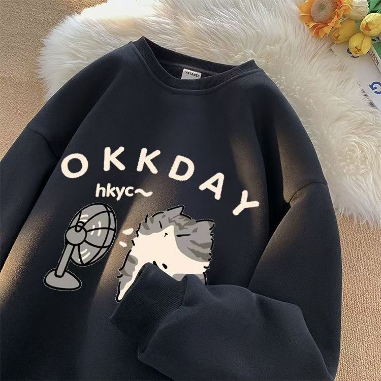 

Новая женская модная повседневная толстовка с длинным рукавом и круглым вырезом с милым рисунком кота 2024 3XL