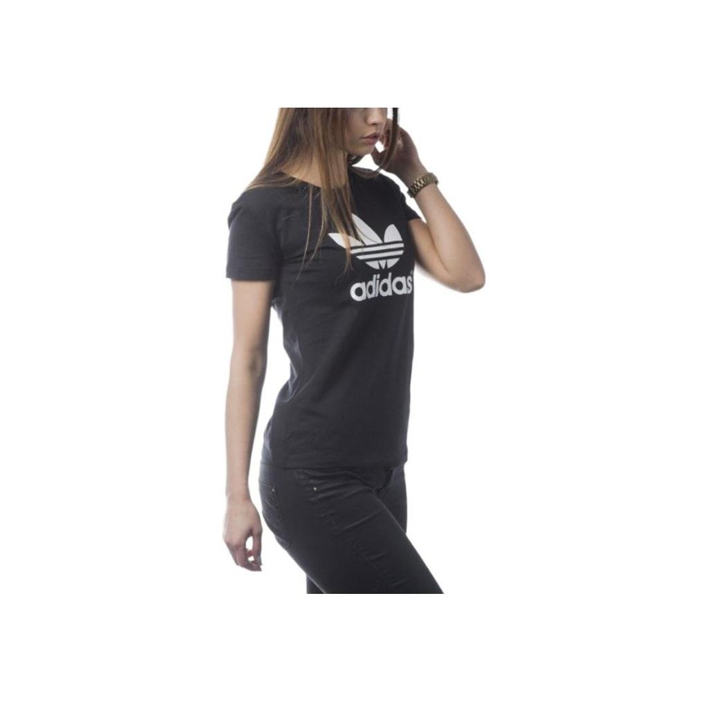 Adidas Originals Contrast Color Brand Logo Print American Vintage Shoulder Sleeve T-Shirt Women Tops Black AJ8084