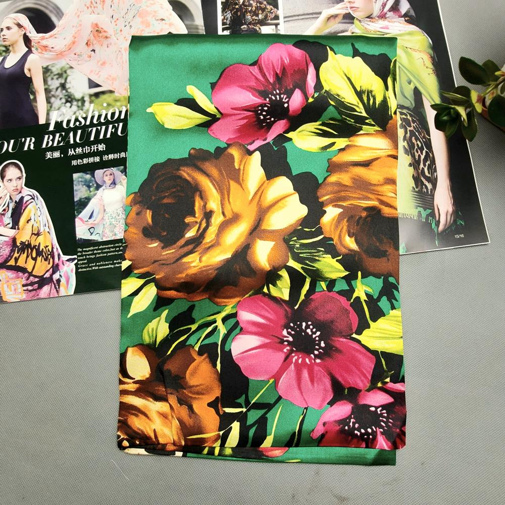 Women's Green Silk Scarf Head Wrap Spring Autumn Chinese Style Peony Floral Fashion Leopard Print Square Scarves Shawl For Winte