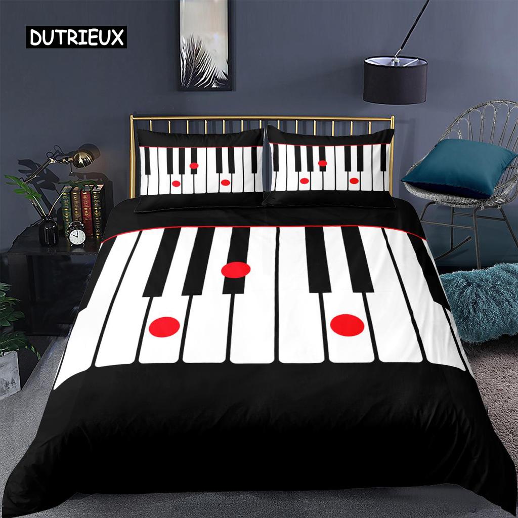 Piano Duvet Cover Set Black Piano Keyboard Music Note Kids Bedding Set Music Theme King Size 2/3pcs Soft Twin Comforter Cover