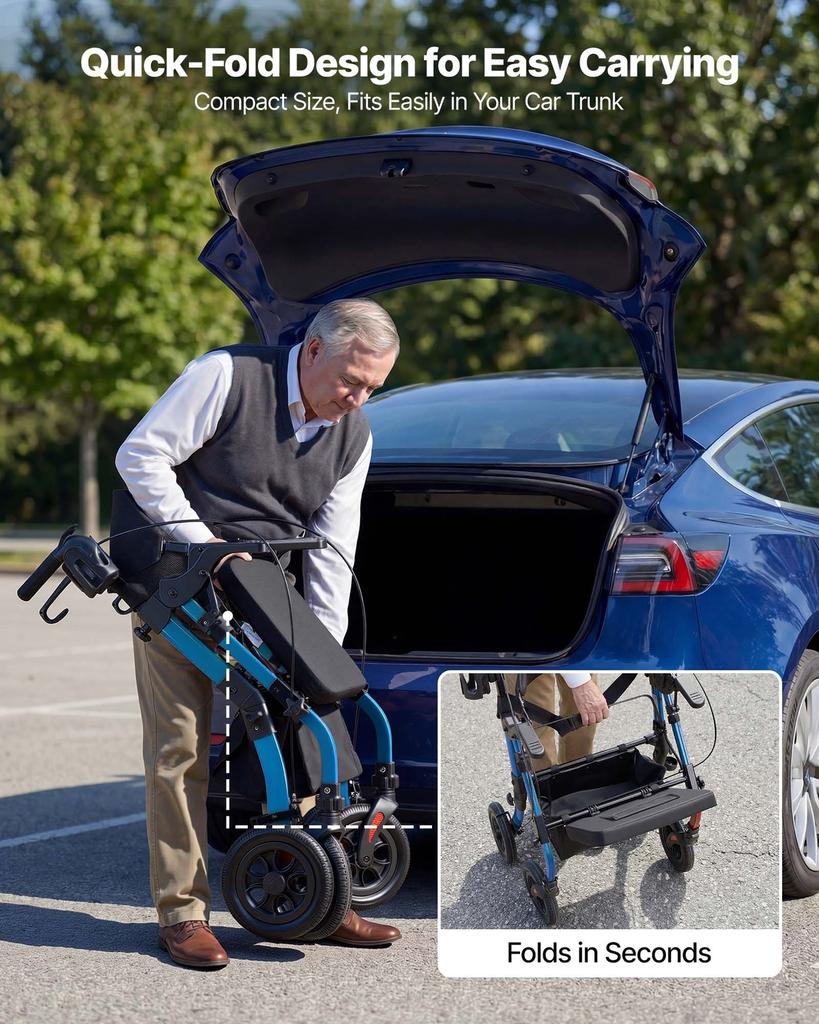 2-in-1 Rollator Walker & Transport Chair for Seniors, Foldable Rolling Walker Wheelchair, Lightweight Aluminum Mobility Walking Aid with Solid PU