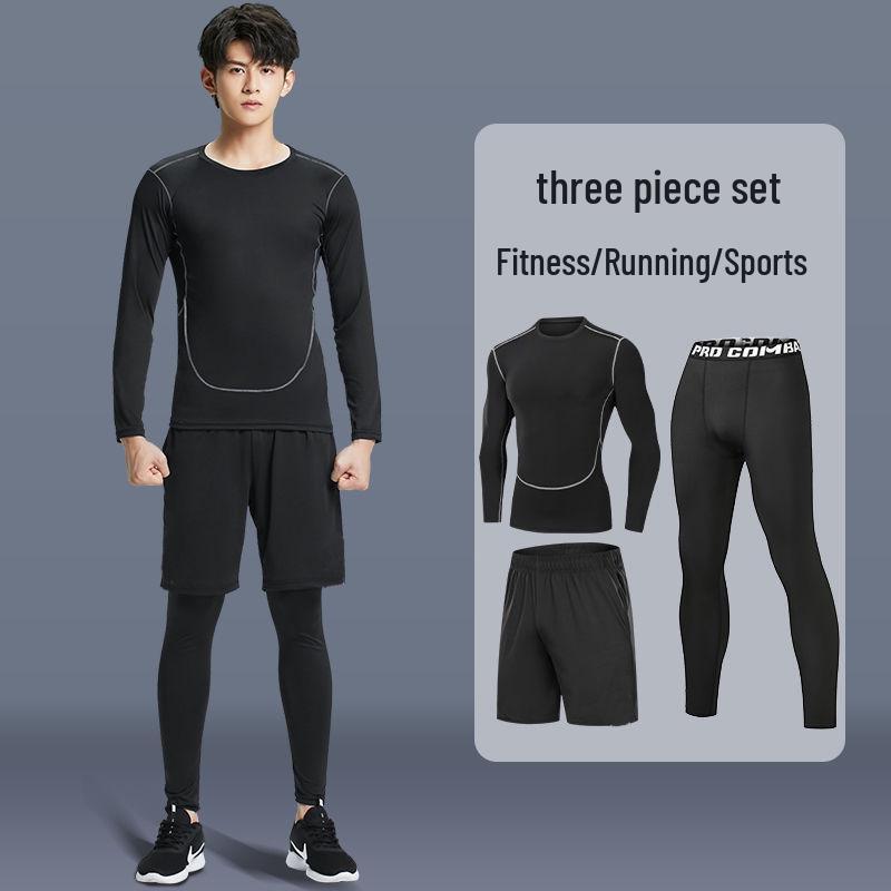 Pánské rychleschnoucí sportovní oblečení z ledového hedvábí s těsným střihem: Set s krátkým rukávem a pětibodovými kalhotami na letní fitness a běh