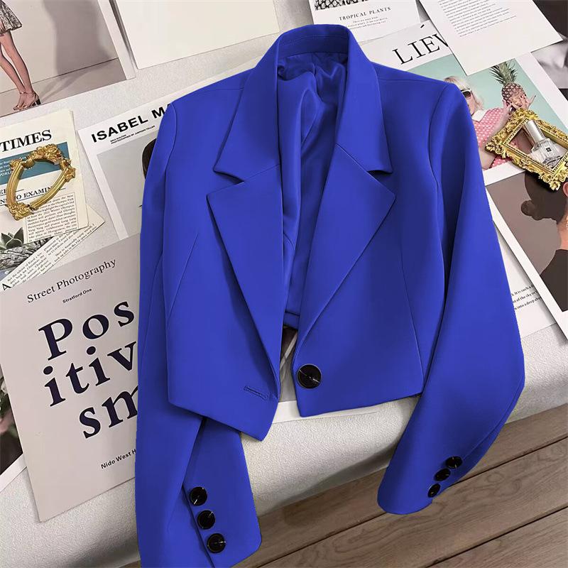 Women's One Button Short Blazer, Polyester Long Sleeve Notched Lapel Regular Fit Elegant Commuter Suit Jacket