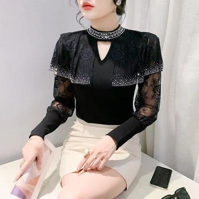 Nova Primavera Outono Moda Europeia Feminina Brilhante Hot Diamonds Bling Malha T-Shirt Chique Sexy Renda Manga Longa Tops Pretos Streetwear Tees para Meninas