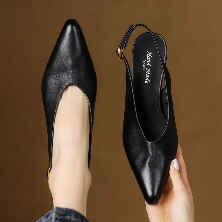 New elastic band high heels women's shoes thick heel bag head empty single shoes full leather black work small leather shoes comfortable