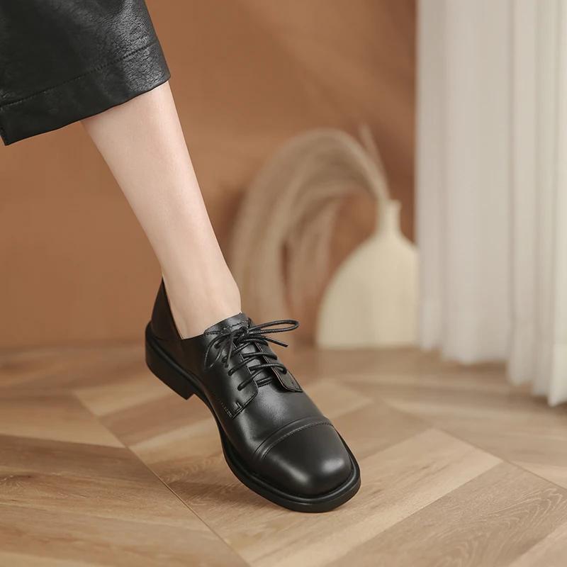 Fashion New Spring New Genuine Leather Women Shoes Fashion Lace-Up Oxford Shoes Round Toe Thick Heel Shoes Woman Zapatos De Mujer Pumps