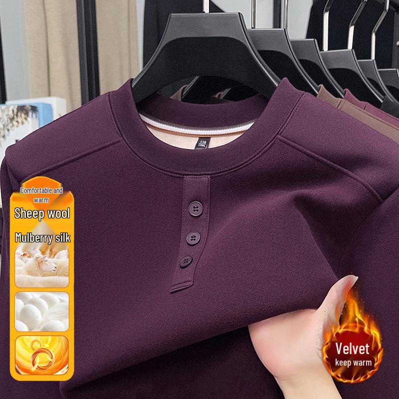 

Men s Fleece-Lined Round Neck Hoodie - 2025 Winter Fashion - Casual Long Sleeve Top for Middle-Aged Dads L сливовий/фіолетовий