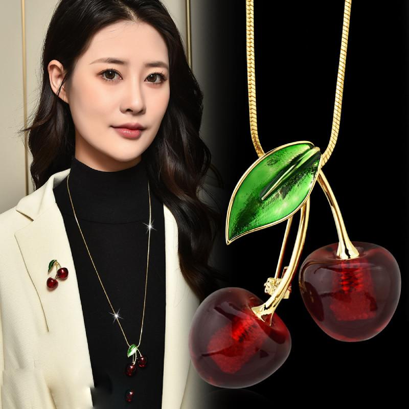 Fashion Cherry Pendant Sweater Necklace Women Decoration Unique Design Features