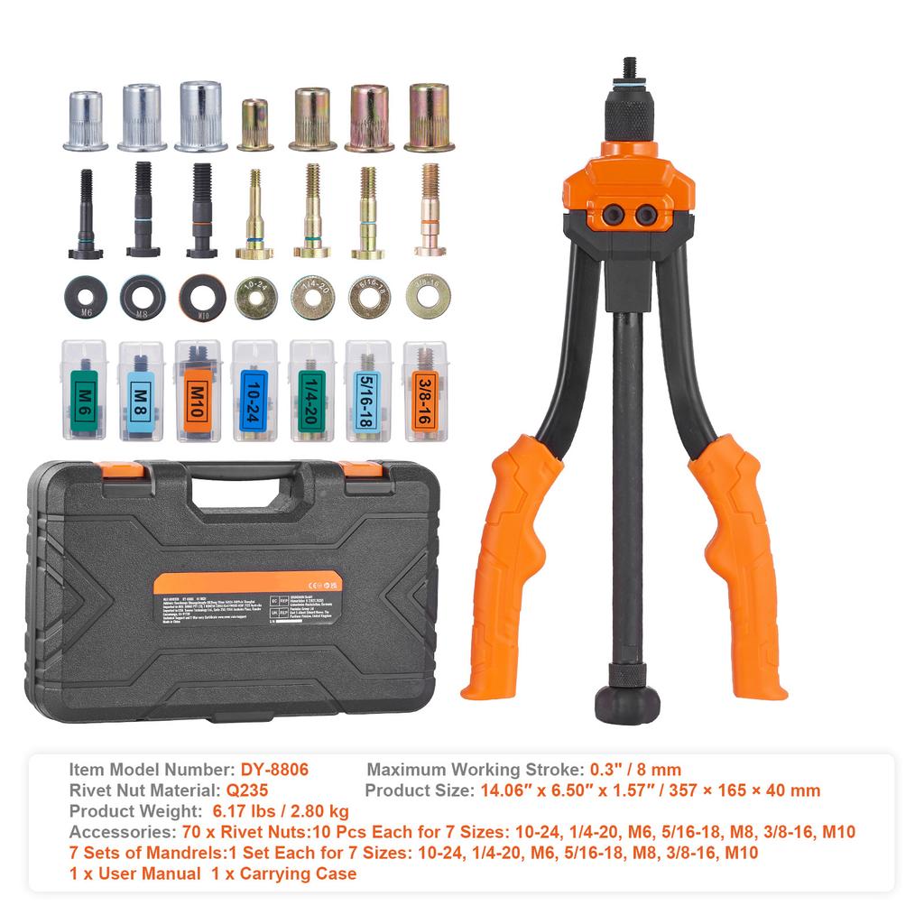 SucceBuy Rivet Nut Tool Rivnut Tool Kit Metric and SAE Mandrels 70PCS/186PCS Rivet Nuts With Rugged Carrying Case
