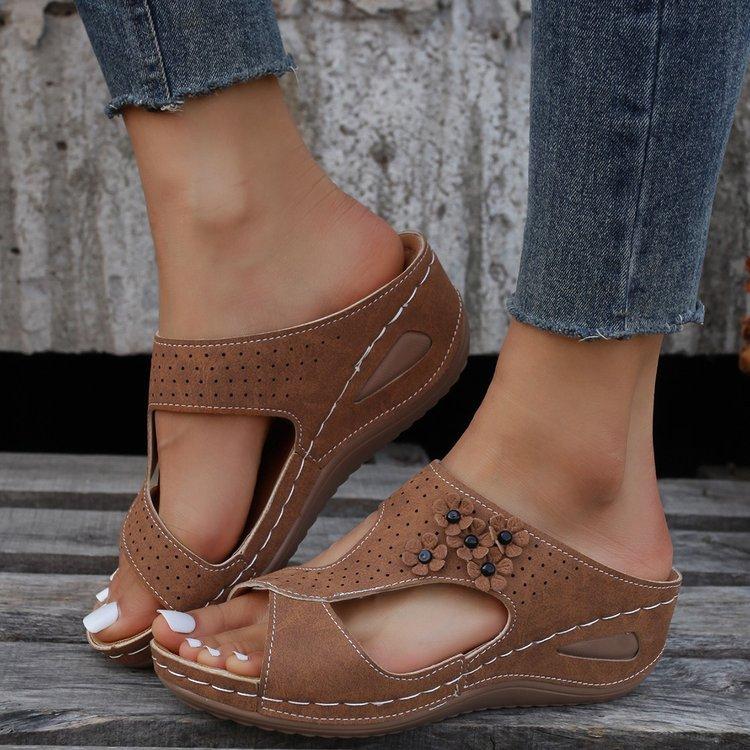 22 Summer New Large-size Slippers Hollow Solid Color Flower Open-toed Slope Heel Fish Mouth One-character Cool Slippers