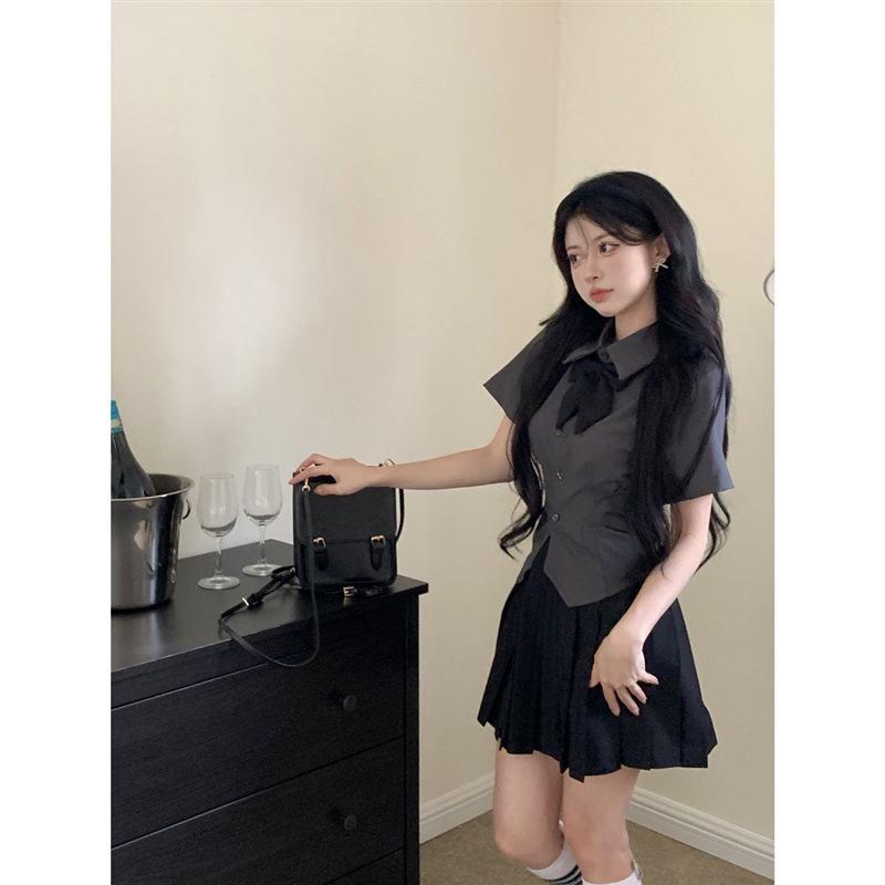 

Сорочка біла в корейському стилі з бантом, що облягає талію, для жінок, літо 2024, коледж, JK, з коротким рукавом, солодка та пікантна Large (L)