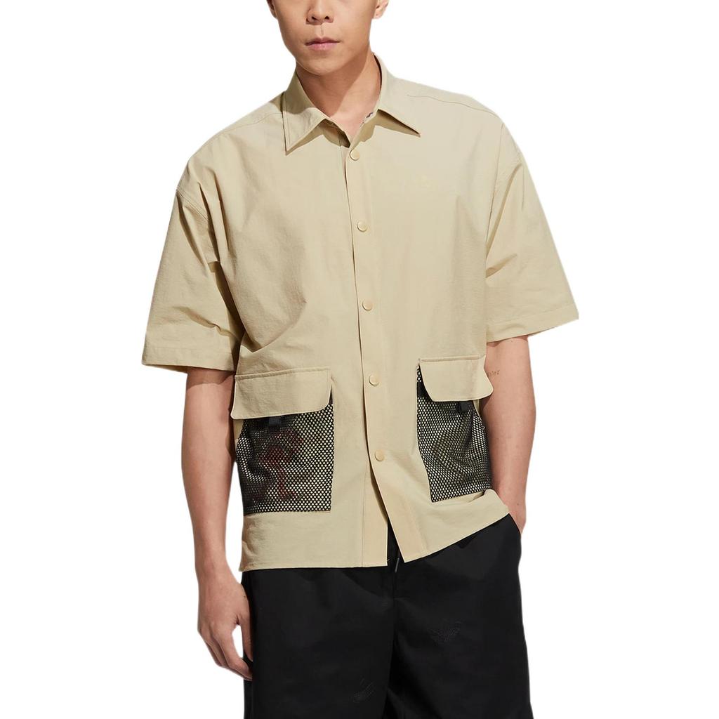 Adidas Originals Clover SS22 Solid Color Logo Short Sleeve Shirt with Single Row Buttons Men Tops Beige HR6468