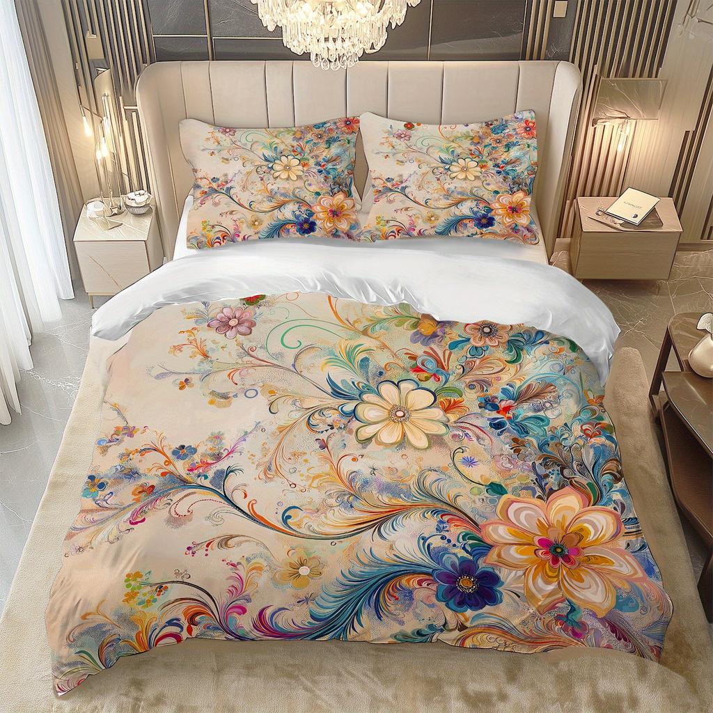 2/3-teiliges Künstlerisches Buntes Blumen-Bettbezug-Set, Weiche Atmungsaktive Knitterarme Bettwäsche mit Kissenbezügen, Maschinenwaschbar