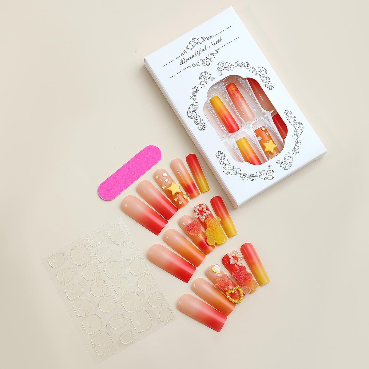 

Gradient Yellow and Red 3D Bear Star Nail Art Patches - Stylish False Nails for Trendy Women