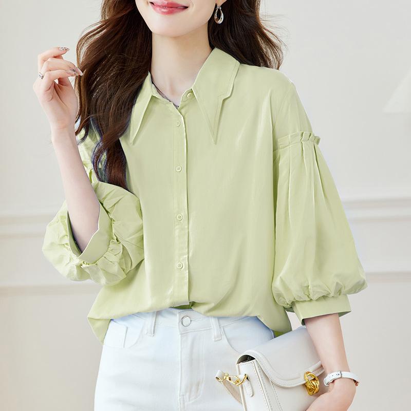 Blue Shirt Women's Seven-quarter Sleeves Spring and Summer New Lantern Sleeves Top Casual Shirt