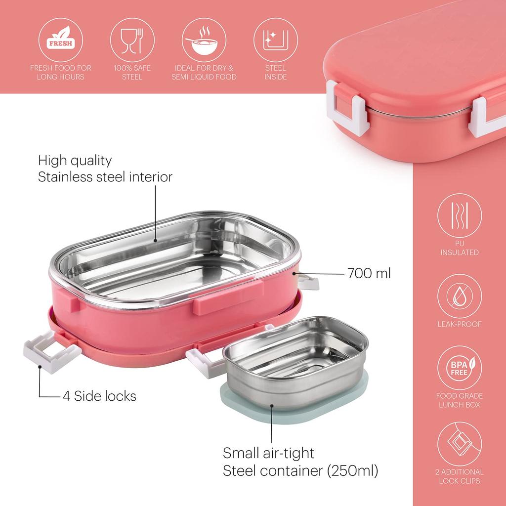 Insulated Stainless Steel Lunch Box For Kids School Picnic Travel Use With Leak-Proof Locking Lid And Microwave Safe Neo Pink Set