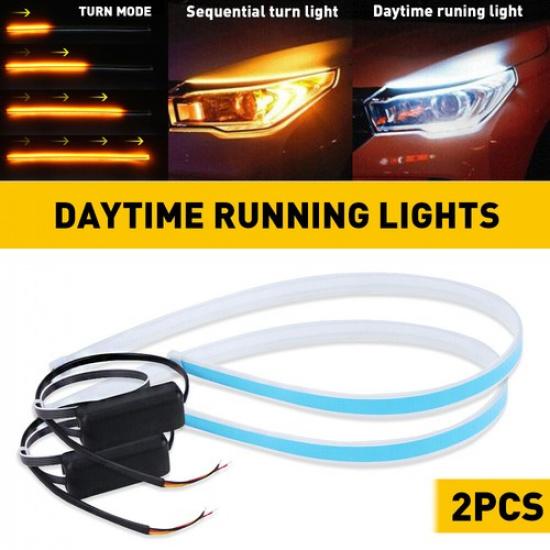 2X 60Cm LED Switchback DRL Tube Light Strip Amber Sequential Flow Turn Signal EA