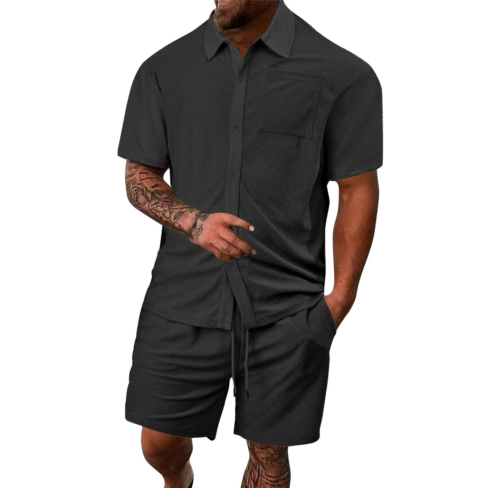 

Чоловічі літні однотонні шорти з кишеньковими ґудзиками та короткими рукавами L чорний