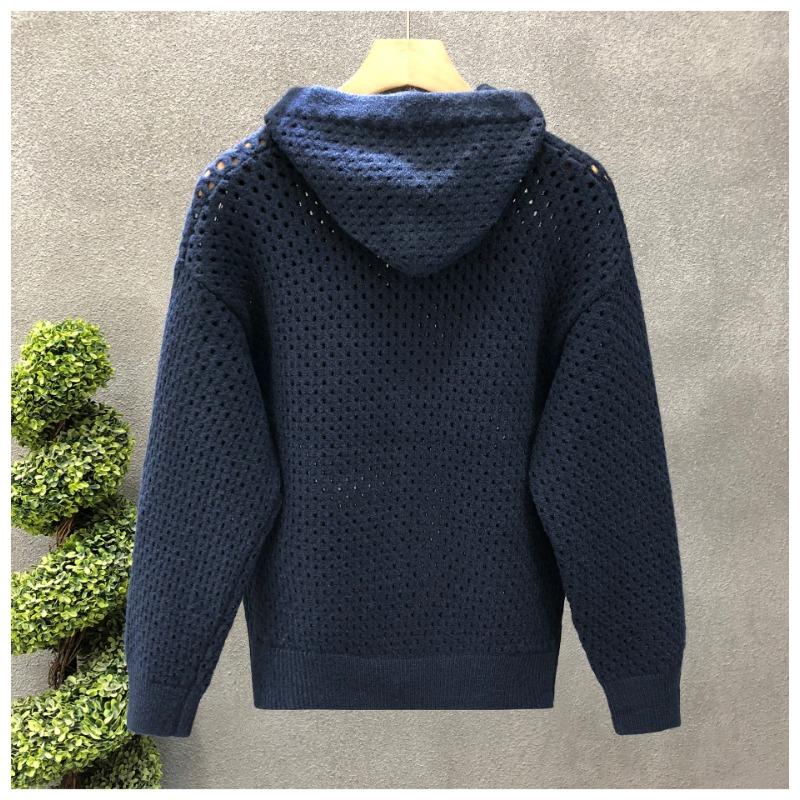Mens Hollow Out Hooded Cardigan Loose Knit Sweater Casual Outerwear