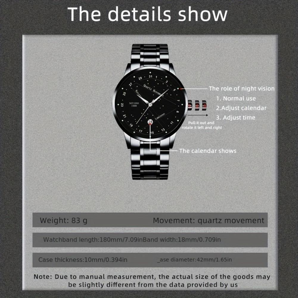 2pcs/set NOTIONR Business Men's Stainless Steel Wristwatches, Fashion Luminous Calendar Quartz Watch,Men's Gift Options