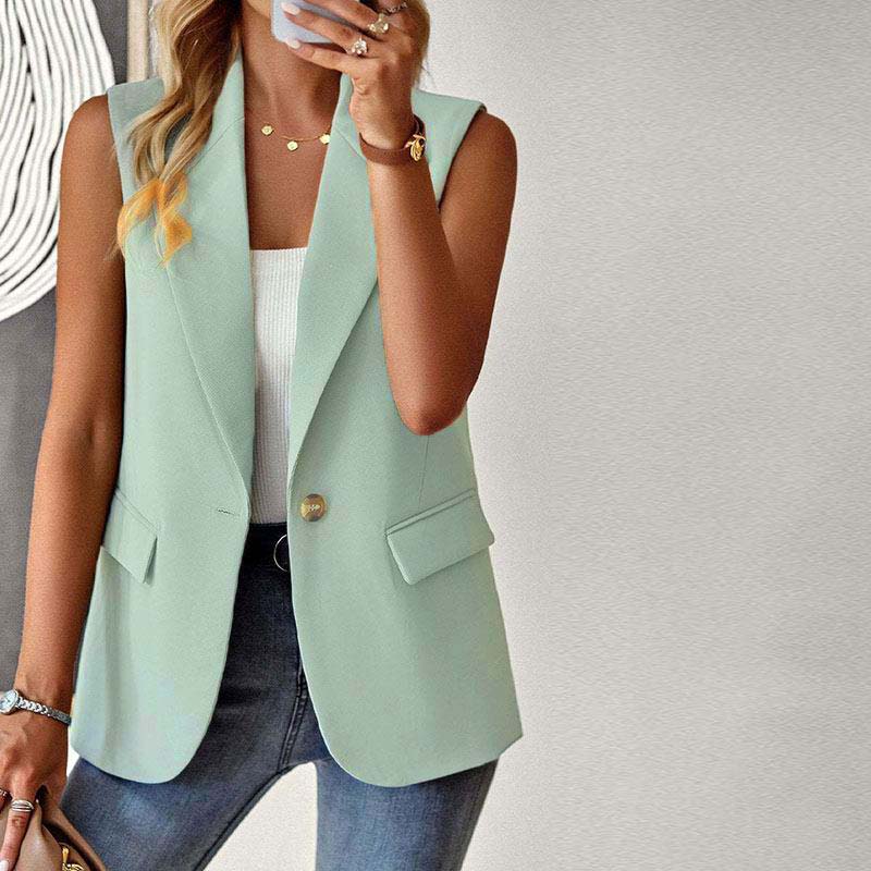 Ärmellose Blazerweste Voll gefüttert Ein Knopf Mode Lässig Offene Vorderseite Arbeitswesten Tops Dünne Oberbekleidung Taschen Frühling