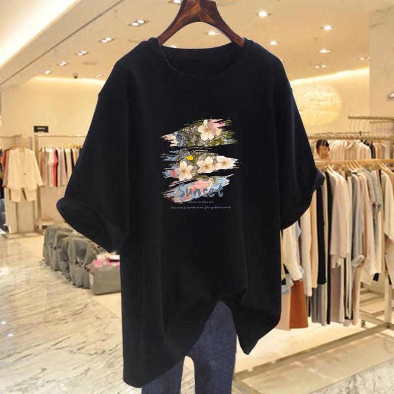 Women's 2025 Pure Cotton White Short-Sleeve Loose Mid-Length Plus Size Fashionable Tee