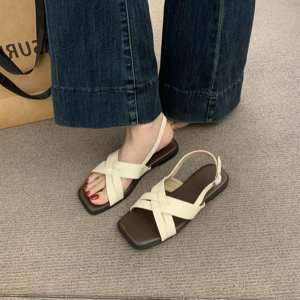 Fashion Open Toe Comfort Shoes for Women Roman Sandals Breathable Cross 2025 Summer Peep Retro Gladiator New Square Girls Flat Scandals