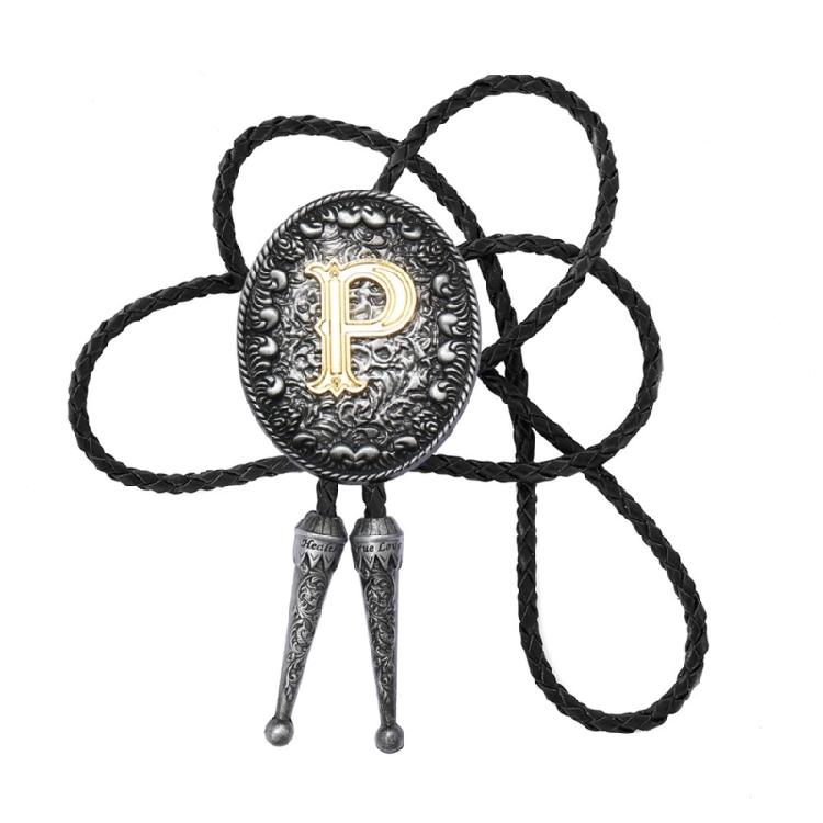 

Adjustable Braided Leather Rope Bolo Tie with Metal Initial Letter Pendant Western Necklace Vintage Necktie Neckwear