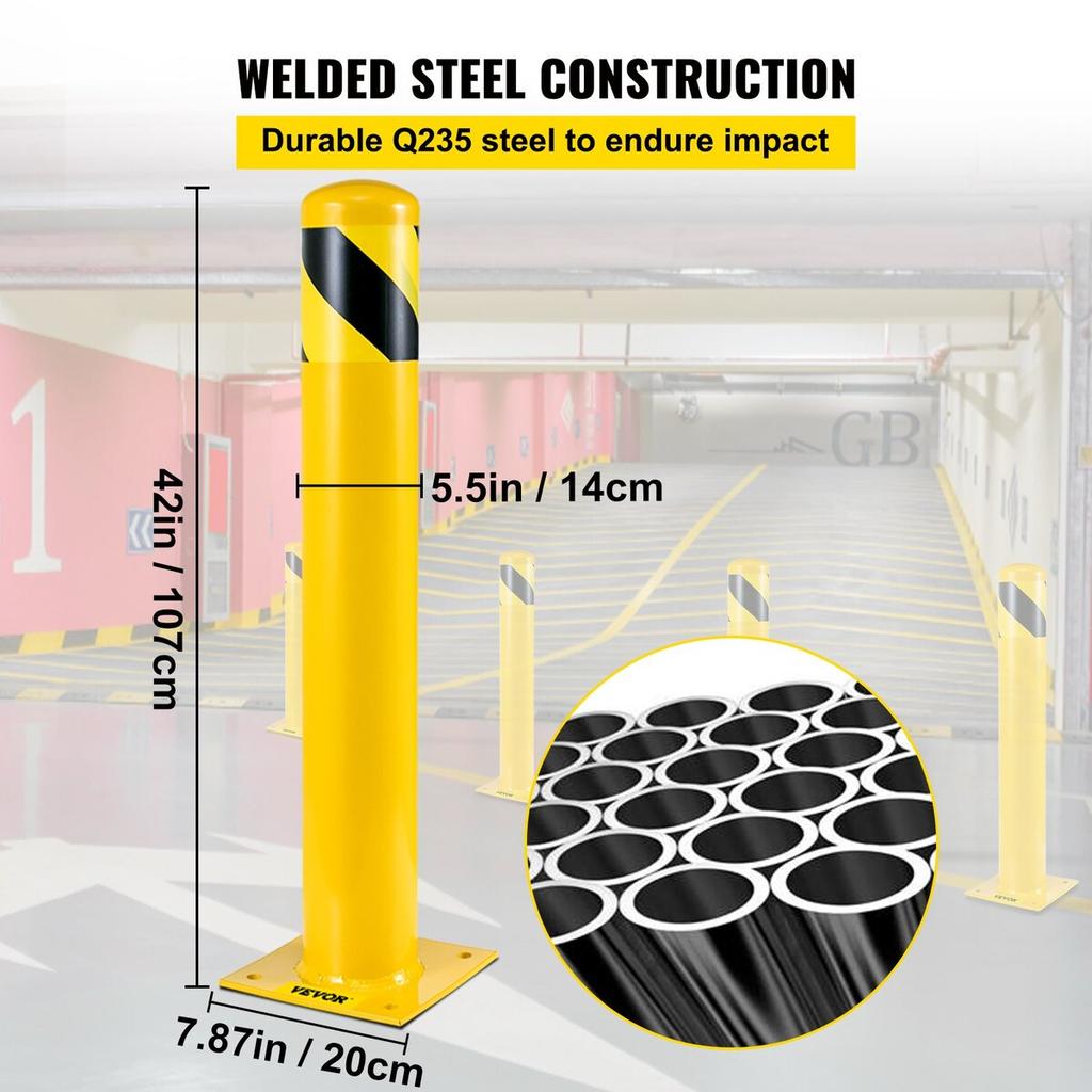 Safety Bollard, 42 Inch Height Bollard Post, 5.5 Inch Diameter Steel Pipe Safety Bollard Post, Yellow Steel Bollard, Steel Safety Bollard with 8