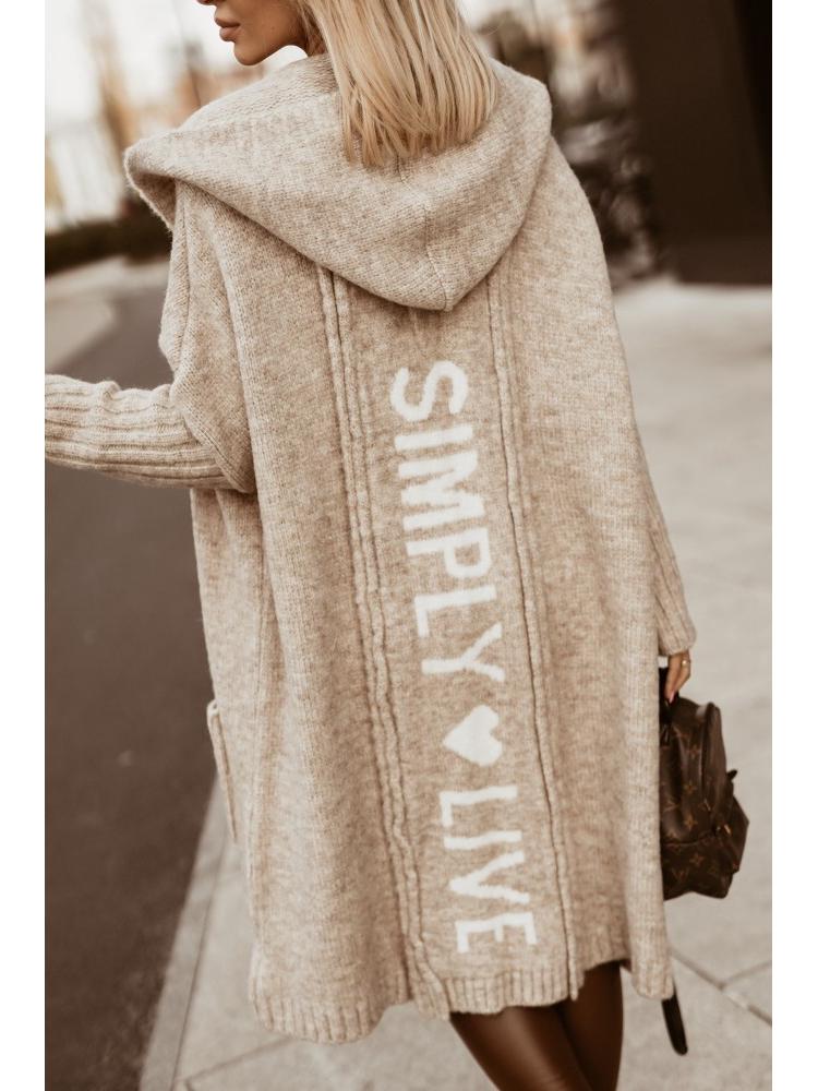 Autumn/Winter Hooded Long Cardigan Sweater with Turn-Down Collar and Letter Knit Design
