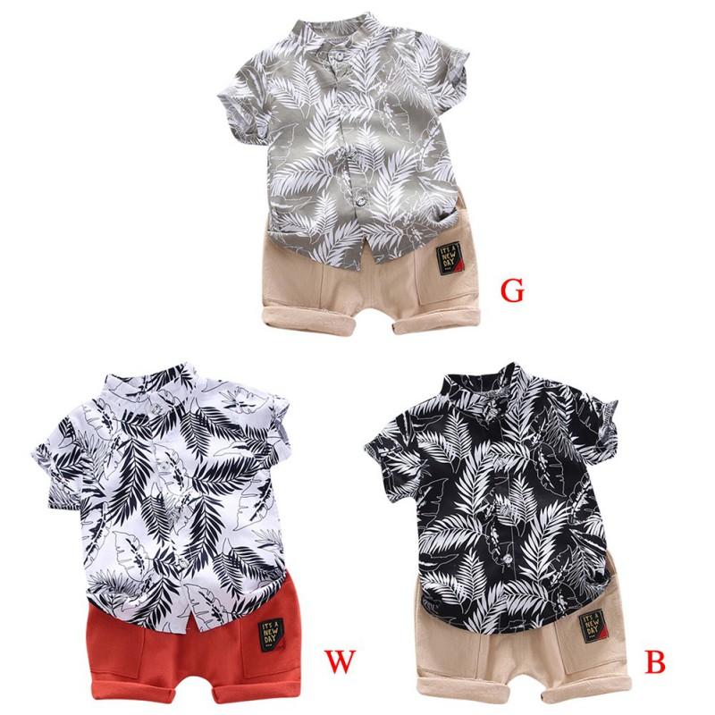 Sommer Barn Baby Gutter Kortermet Løv Mønster T-skjorte Bluse+Shorts Uformelle antrekk sett