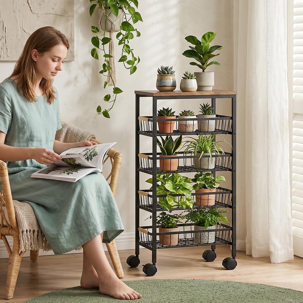 Metal Kitchen Trolley, 4-Tier Storage Trolley with Pull-Out Baskets and 4 Swivel Casters for Kitchen, Rustic Brown