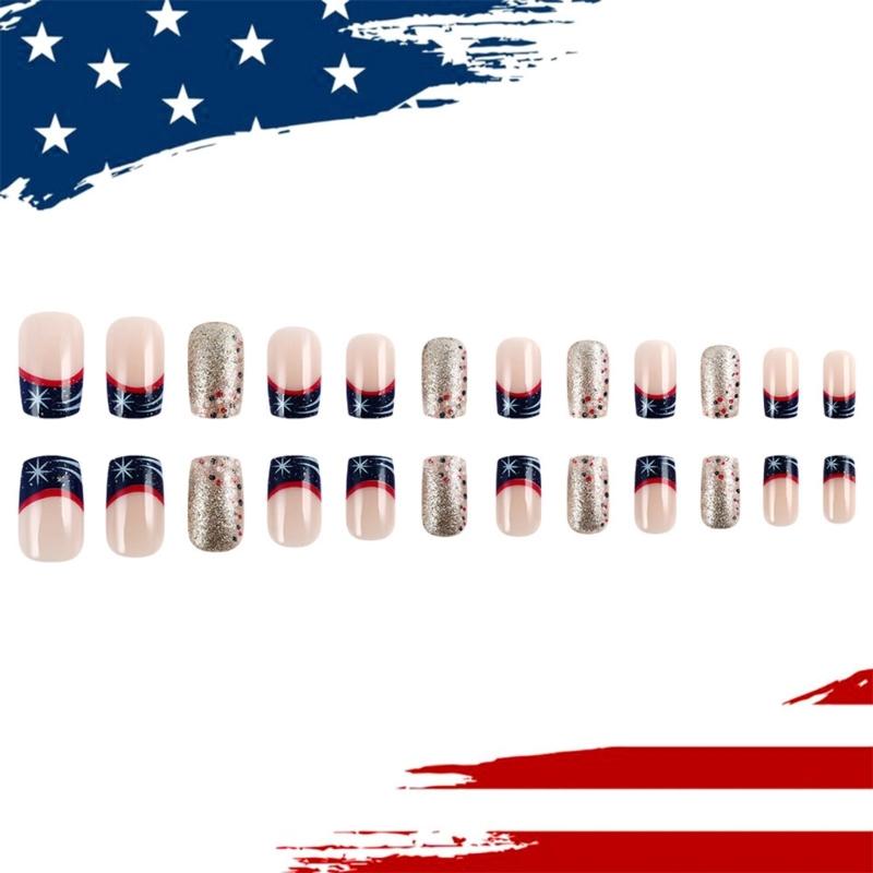 Independence Day Press on Nail Square Star False Nail 4th of July Designs Stick on Nail French Tip Nail Accesories