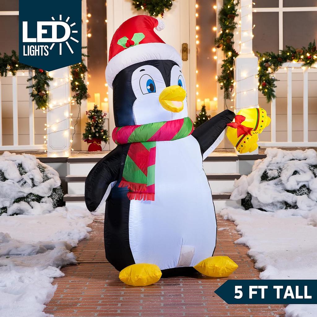 JOYFY 5 FT Christmas Inflatable Penguin Decoration with Built-in LEDs for Christmas Party Indoor Outdoor Décor