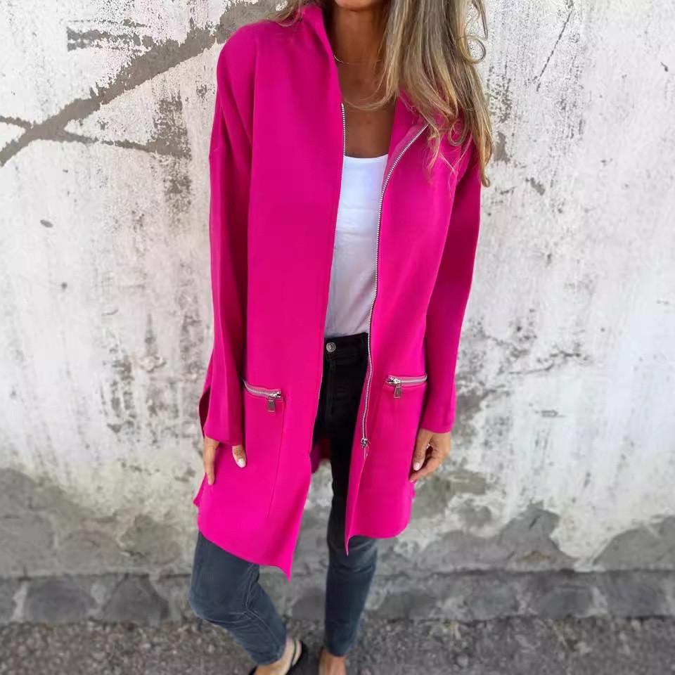 Solid Color Polyester Casual Hooded Jacket For Women With Pockets