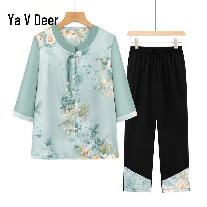Yalu Mid-Aged Women s Floral Summer Shirt Set 3XL