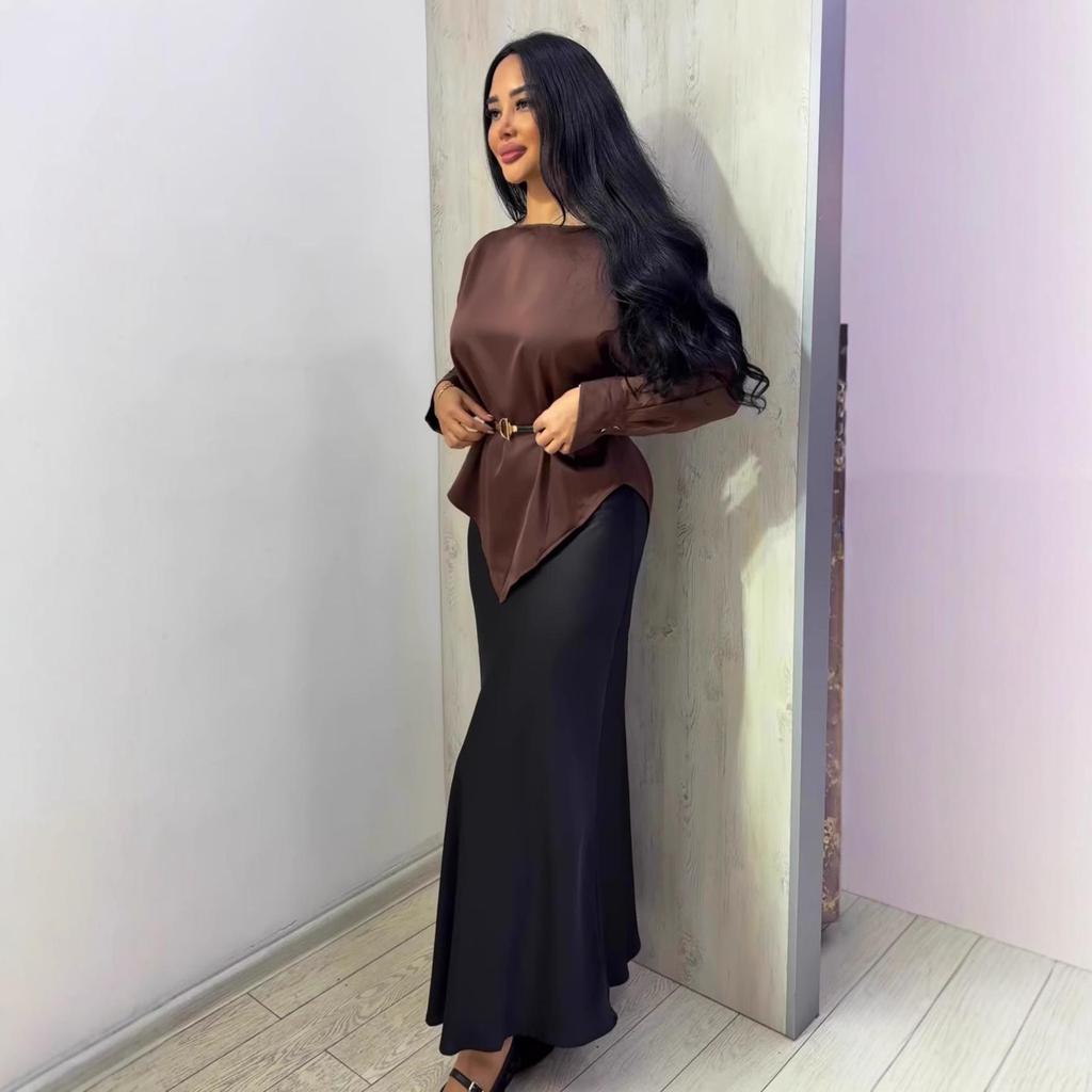 2025 Fall European & American Women's Round Neck Waist-Cinching Long Sleeve Top & Half Skirt Solid Color Set