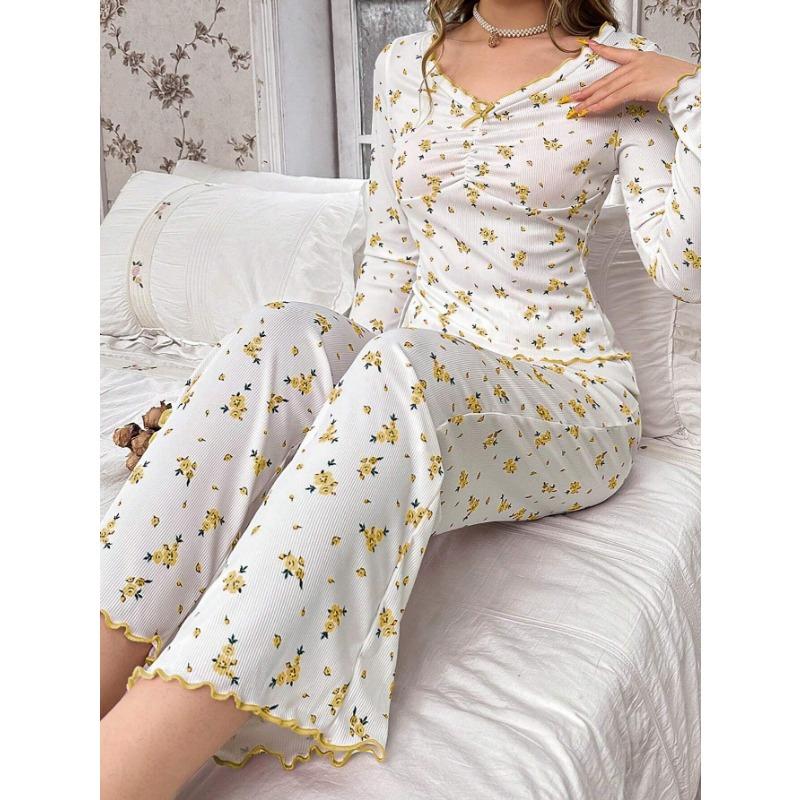European American Style Sexy Casual Long Sleeve Long Pants Two Piece Pajama Set For Women