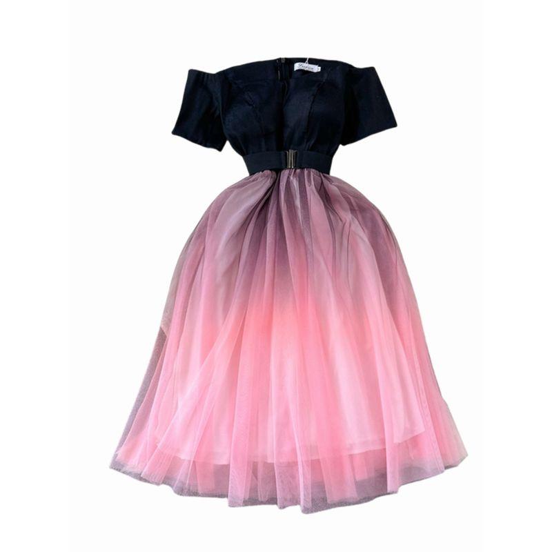 Fancy Special-Interest Design Contrast Color off-Shoulder Dress Summer Women's Clothing Small Mesh Cinched Princess Dress