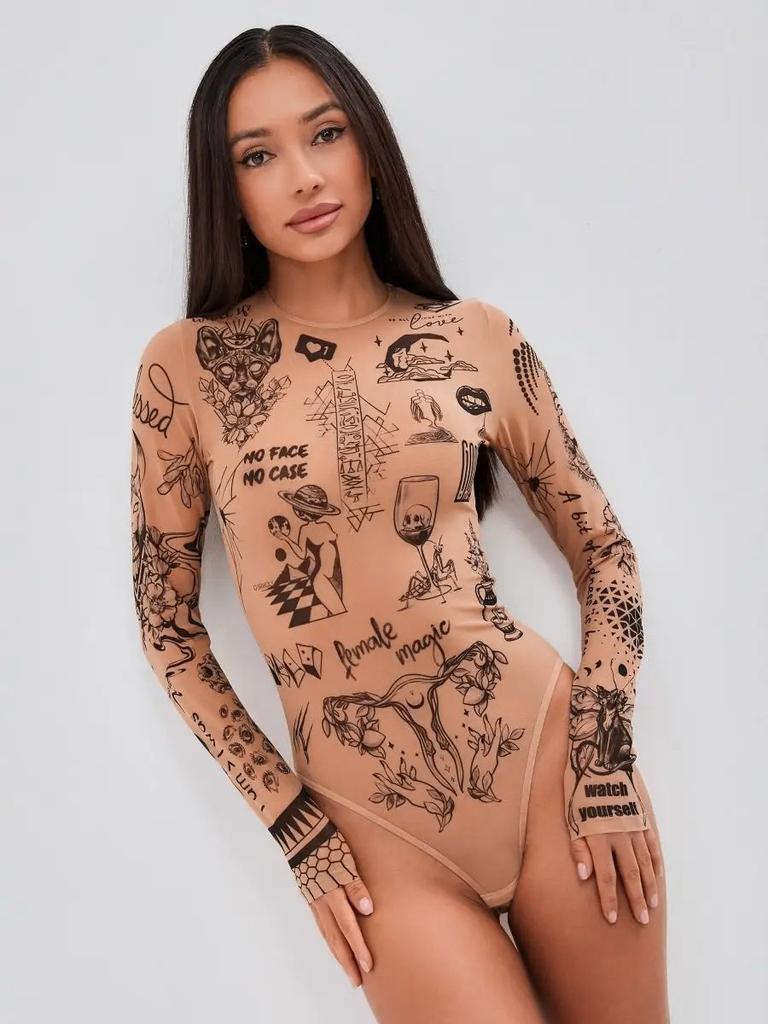 D9968 Amazon Europe and the United States Hot-selling Women's Clothing, Fashionable and Sexy Printing Long-sleeved Crew Neck Tight High-waisted Onesie