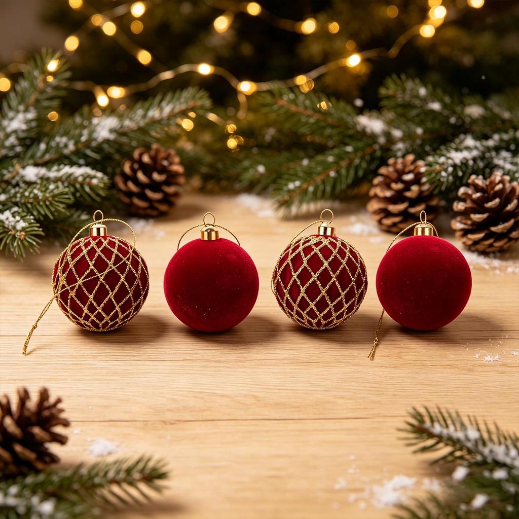 6cm Burgundy Flocked Christmas Baubles with Gold Glitter, 48Pcs Gift Box, 4 Patterns Xmas Tree Hanging Ornaments